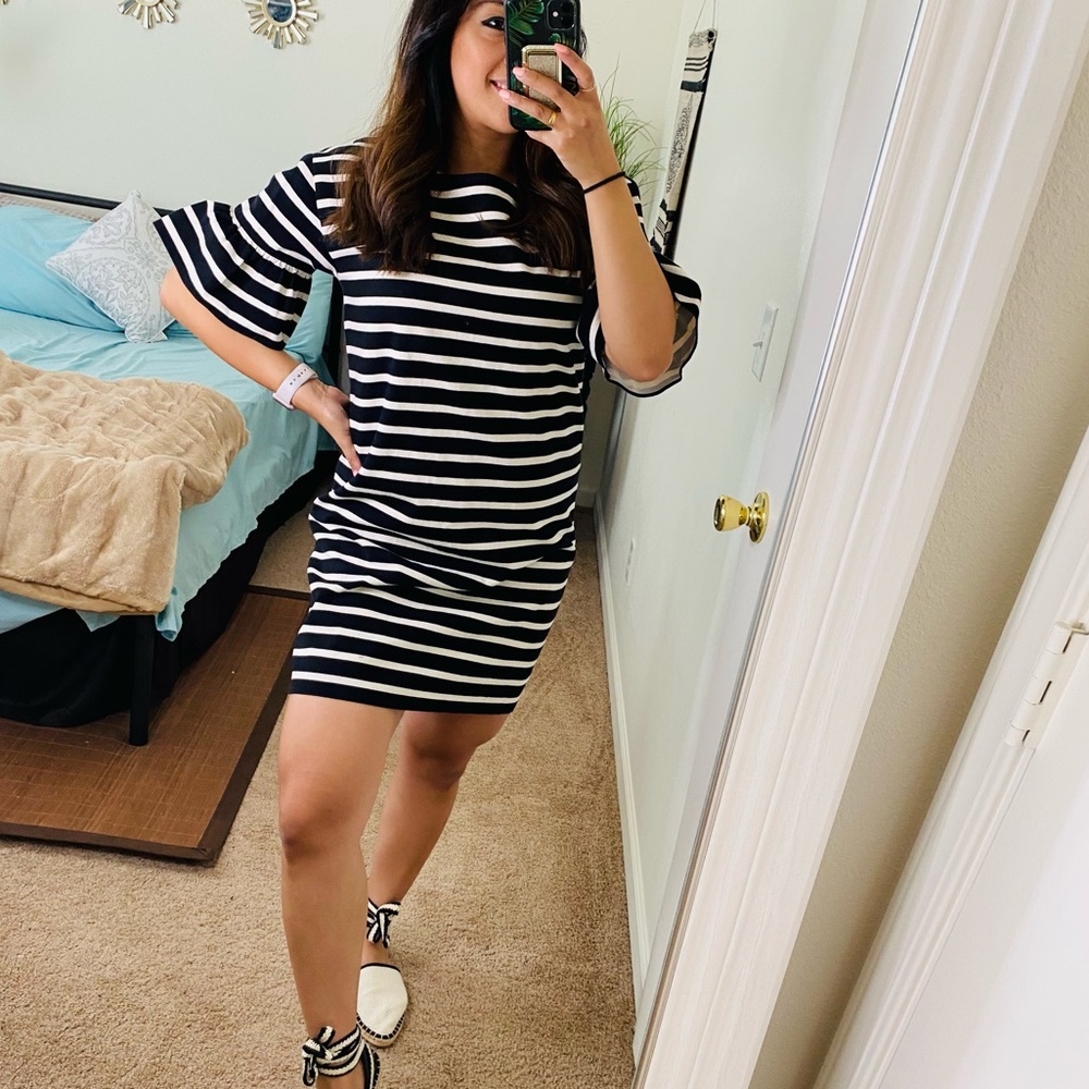 J. Crew stripe ruffle sleeve shift dress